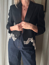 Load image into Gallery viewer, Vintage Upcycled Tuxedo Blazer Jacket with French Antique Lace Sourced from France