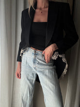 Load image into Gallery viewer, Vintage Upcycled Tuxedo Blazer Jacket with French Antique Lace Sourced from France