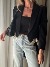 Load image into Gallery viewer, Vintage Upcycled Tuxedo Blazer Jacket with French Antique Lace Sourced from France