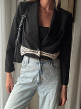 Load image into Gallery viewer, Vintage Upcycled Black Cropped Blazer with French Vintage Lace Sourced from France