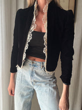 Load image into Gallery viewer, Vintage French Lace Upcycled Black Velvet Jacket with Gold Braided Trim Detail