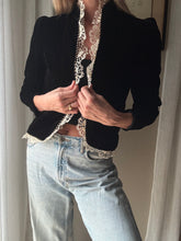 Load image into Gallery viewer, Vintage French Lace Upcycled Black Velvet Jacket with Gold Braided Trim Detail