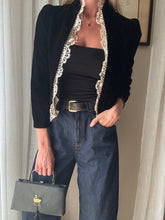 Load image into Gallery viewer, Vintage French Lace Upcycled Black Velvet Jacket with Gold Braided Trim Detail