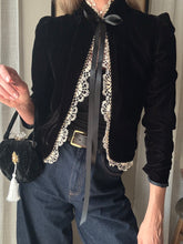 Load image into Gallery viewer, Vintage Upcyled Black Velvet Handbag with French Brooch Sourced from France Black Gold Tassel Fringe