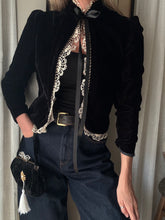 Load image into Gallery viewer, Vintage French Lace Upcycled Black Velvet Jacket with Gold Braided Trim Detail