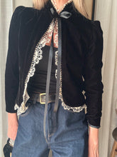 Load image into Gallery viewer, Vintage French Lace Upcycled Black Velvet Jacket with Gold Braided Trim Detail