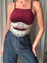 Load image into Gallery viewer, Vintage Upcycled Burgundy Maroon Velvet Square Neck Halter Tie Top Handmade