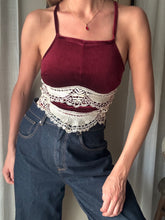 Load image into Gallery viewer, Vintage Upcycled Burgundy Maroon Velvet Square Neck Halter Tie Top Handmade
