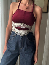 Load image into Gallery viewer, Vintage Upcycled Burgundy Maroon Velvet Square Neck Halter Tie Top Handmade