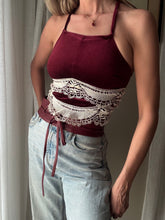 Load image into Gallery viewer, Vintage Upcycled Burgundy Maroon Velvet Square Neck Halter Tie Top Handmade