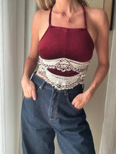 Load image into Gallery viewer, Vintage Upcycled Burgundy Maroon Velvet Square Neck Halter Tie Top Handmade