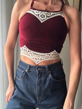 Load image into Gallery viewer, Vintage Upcycled Burgundy Maroon Velvet Square Neck Halter Tie Top Handmade