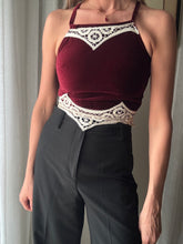Load image into Gallery viewer, Vintage Upcycled Burgundy Maroon Velvet Square Neck Halter Tie Top Handmade