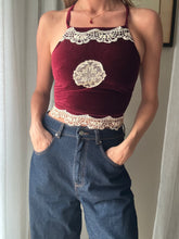 Load image into Gallery viewer, Vintage Upcycled Burgundy Maroon Velvet Square Neck Halter Tie Top Handmade