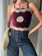 Load image into Gallery viewer, Vintage Upcycled Burgundy Maroon Velvet Square Neck Halter Tie Top Handmade