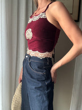 Load image into Gallery viewer, Vintage Upcycled Burgundy Maroon Velvet Square Neck Halter Tie Top Handmade