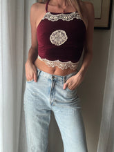 Load image into Gallery viewer, Vintage Upcycled Burgundy Maroon Velvet Square Neck Halter Tie Top Handmade