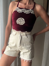 Load image into Gallery viewer, Vintage Upcycled Burgundy Maroon Velvet Square Neck Halter Tie Top Handmade