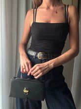 Load image into Gallery viewer, Vintage Black Handbag with French Gold Swan Brooch Sourced from France Black Gold Tassel Fringe