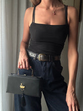 Load image into Gallery viewer, Vintage Black Handbag with French Gold Swan Brooch Sourced from France Black Gold Tassel Fringe