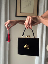 Load image into Gallery viewer, Vintage Black Velvet Handbag with French Horse Brooch Sourced from France Black Gold Tassel Fringe