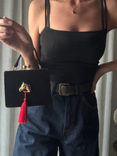 Load image into Gallery viewer, Vintage Black Velvet Handbag with French Horse Brooch Sourced from France Black Gold Tassel Fringe
