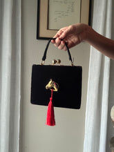 Load image into Gallery viewer, Vintage Black Velvet Handbag with French Horse Brooch Sourced from France Black Gold Tassel Fringe