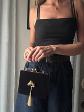Load image into Gallery viewer, Vintage Black Velvet Handbag with French Horse Brooch Sourced from France Black Gold Tassel Fringe