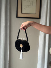Load image into Gallery viewer, Vintage Upcyled Black Velvet Handbag with French Brooch Sourced from France Black Gold Tassel Fringe