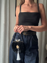 Load image into Gallery viewer, Vintage Upcyled Black Velvet Handbag with French Brooch Sourced from France Black Gold Tassel Fringe