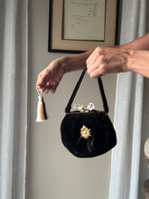 Load image into Gallery viewer, Vintage Upcyled Black Velvet Handbag with French Brooch Sourced from France Black Gold Tassel Fringe