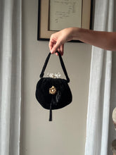 Load image into Gallery viewer, Vintage Upcyled Black Velvet Handbag with French Brooch Sourced from France Black Gold Tassel Fringe