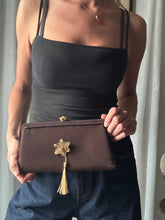 Load image into Gallery viewer, Vintage Upcyled Coco Brown Clutch Gold Tone French Flower Brooch Sourced from France Black Gold Tassel Fringe