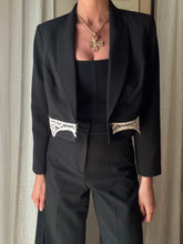 Load image into Gallery viewer, Vintage Upcycled Black Cropped Blazer with French Vintage Lace Sourced from France