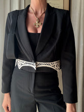 Load image into Gallery viewer, Vintage Upcycled Black Cropped Blazer with French Vintage Lace Sourced from France