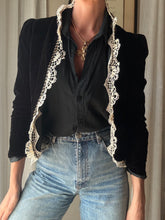 Load image into Gallery viewer, Vintage French Lace Upcycled Black Velvet Jacket with Gold Braided Trim Detail
