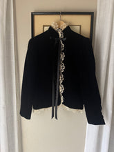 Load image into Gallery viewer, Vintage French Lace Upcycled Black Velvet Jacket with Gold Braided Trim Detail