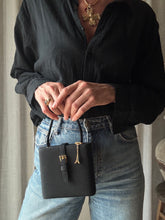 Load image into Gallery viewer, Vintage Parisian Black Box Belt Handbag with French Gold Tone Eiffel Tower Charm Sourced from France Black Gold Tassel Fringe