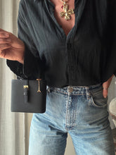 Load image into Gallery viewer, Vintage Parisian Black Box Belt Handbag with French Gold Tone Eiffel Tower Charm Sourced from France Black Gold Tassel Fringe