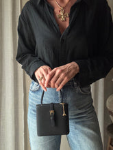 Load image into Gallery viewer, Vintage Parisian Black Box Belt Handbag with French Gold Tone Eiffel Tower Charm Sourced from France Black Gold Tassel Fringe