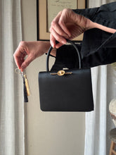 Load image into Gallery viewer, Vintage Black Satin Handbag with French Gold Pearl and Flower Brooch Sourced from France Black Gold Tassel Fringe