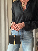Load image into Gallery viewer, Vintage Black Satin Handbag with French Gold Pearl and Flower Brooch Sourced from France Black Gold Tassel Fringe
