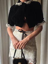 Load image into Gallery viewer, French Vintage Lace Upcycled Black Velvet Cropped Bolero Jacket Union Made