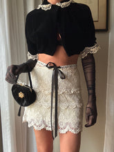 Load image into Gallery viewer, French Vintage Lace Upcycled Black Velvet Cropped Bolero Jacket Union Made