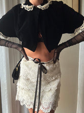 Load image into Gallery viewer, French Vintage Lace Upcycled Black Velvet Cropped Bolero Jacket Union Made