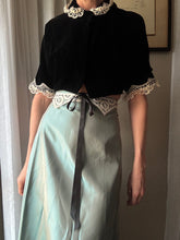 Load image into Gallery viewer, French Vintage Lace Upcycled Black Velvet Cropped Bolero Jacket Union Made