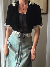 Load image into Gallery viewer, French Vintage Lace Upcycled Black Velvet Cropped Bolero Jacket Union Made