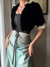 Load image into Gallery viewer, French Vintage Lace Upcycled Black Velvet Cropped Bolero Jacket Union Made