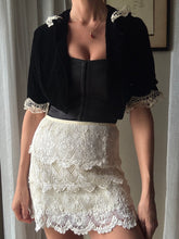 Load image into Gallery viewer, French Vintage Lace Upcycled Black Velvet Cropped Bolero Jacket Union Made