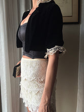 Load image into Gallery viewer, French Vintage Lace Upcycled Black Velvet Cropped Bolero Jacket Union Made